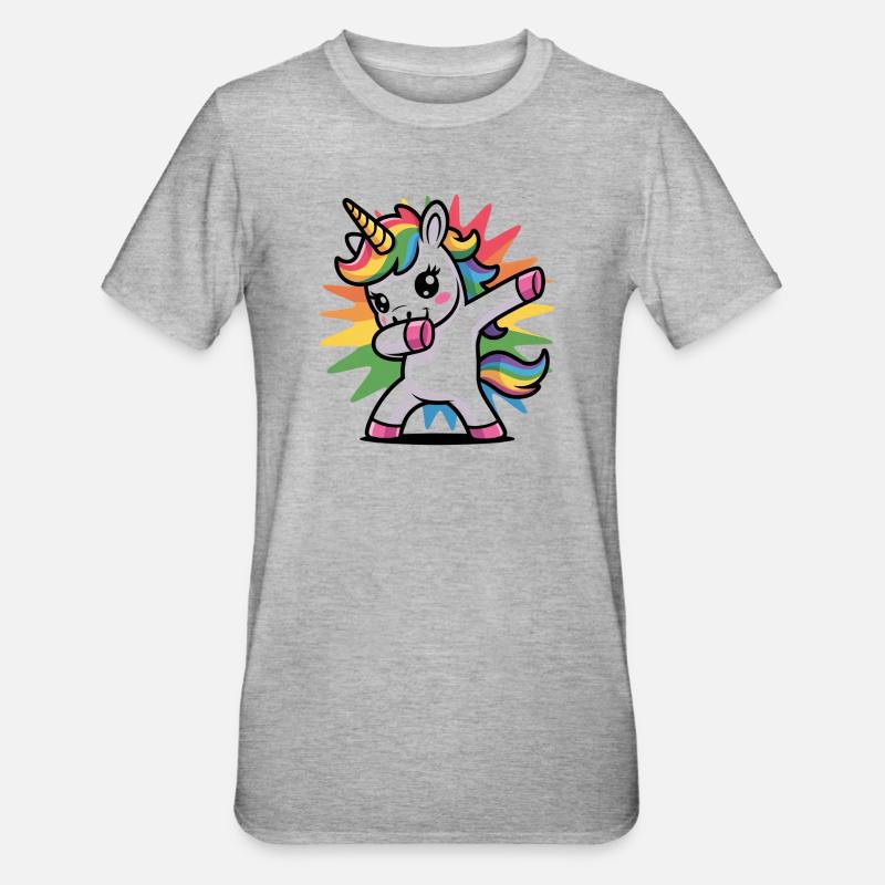 Buntes Einhorn mit Regenbogen-Mähne - Unisex Polycotton T-Shirt - Grau meliert