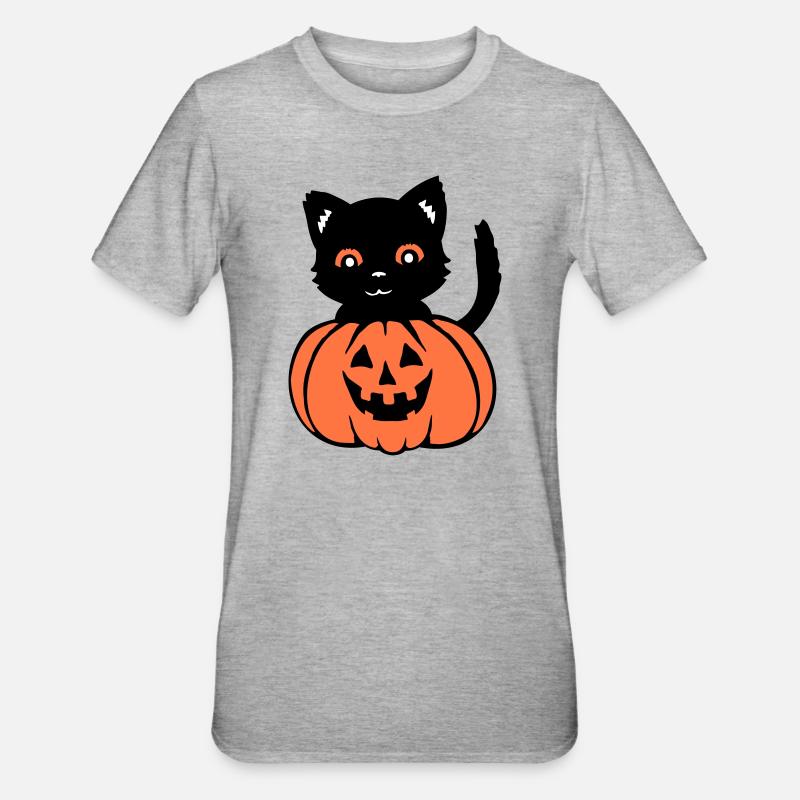 Halloween Kat Sort Græskar Efterår Uhyggelig Uhyggelig - Unisex polycotton T-shirt - grå meleret