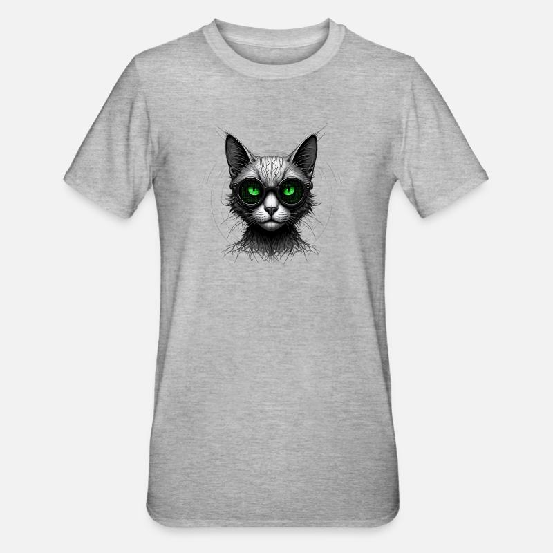 Green Eyes Computer Coder Geek Cat - Unisex Polycotton T-Shirt - heather grey