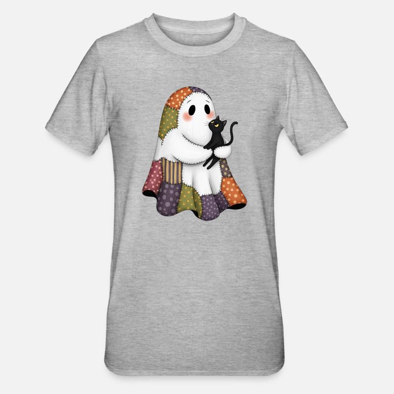 Patchwork fantôme avec chat noir - T-shirt polycoton Unisexe - gris chiné