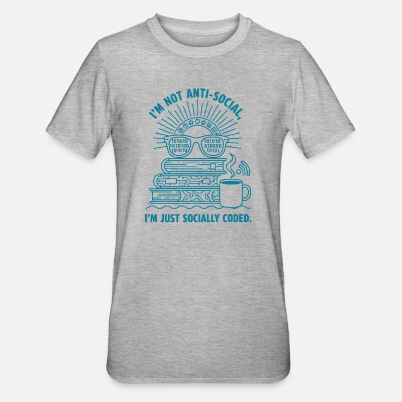 Socialement codé : livres, café et code - T-shirt polycoton Unisexe - gris chiné