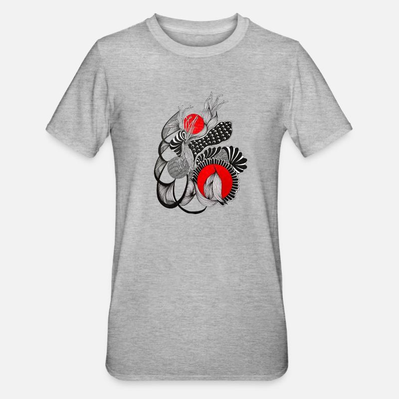 Monochrome Blütenkreise mit Rot - Unisex Polycotton T-Shirt - Grau meliert