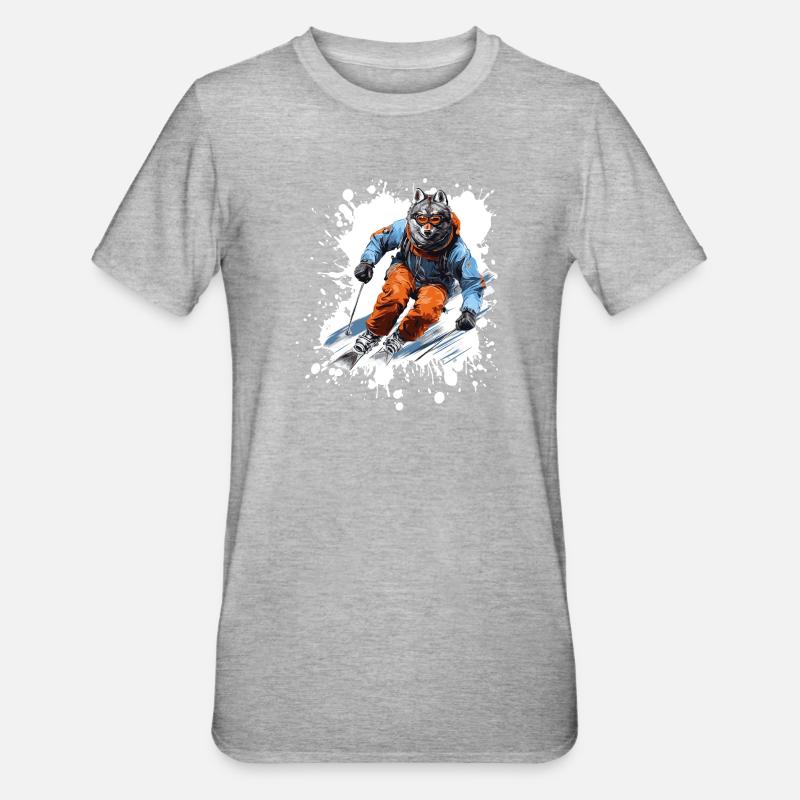 Wolf Ski Skiing - Unisex Polycotton T-Shirt - heather grey