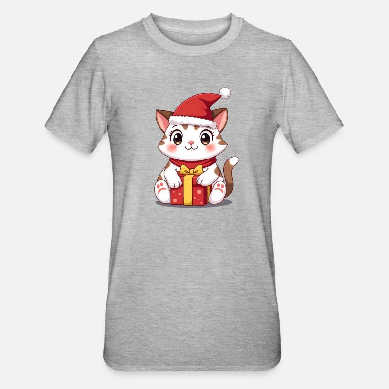 Chat mignon Noël avec cadeau - T-shirt polycoton Unisexe - gris chiné