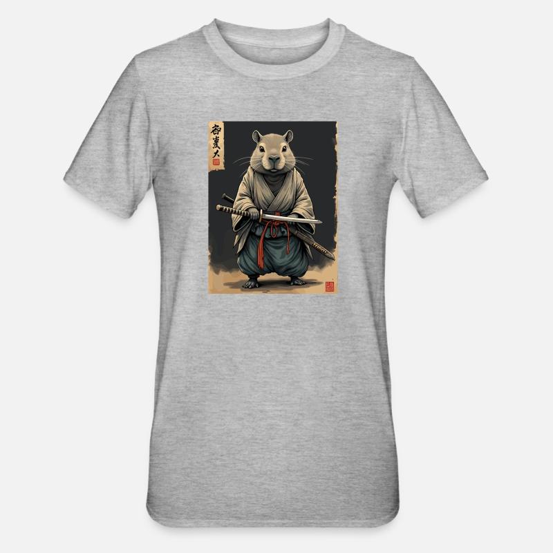 Cappibara-Samurai mit Katana - Unisex Polycotton T-Shirt - Grau meliert