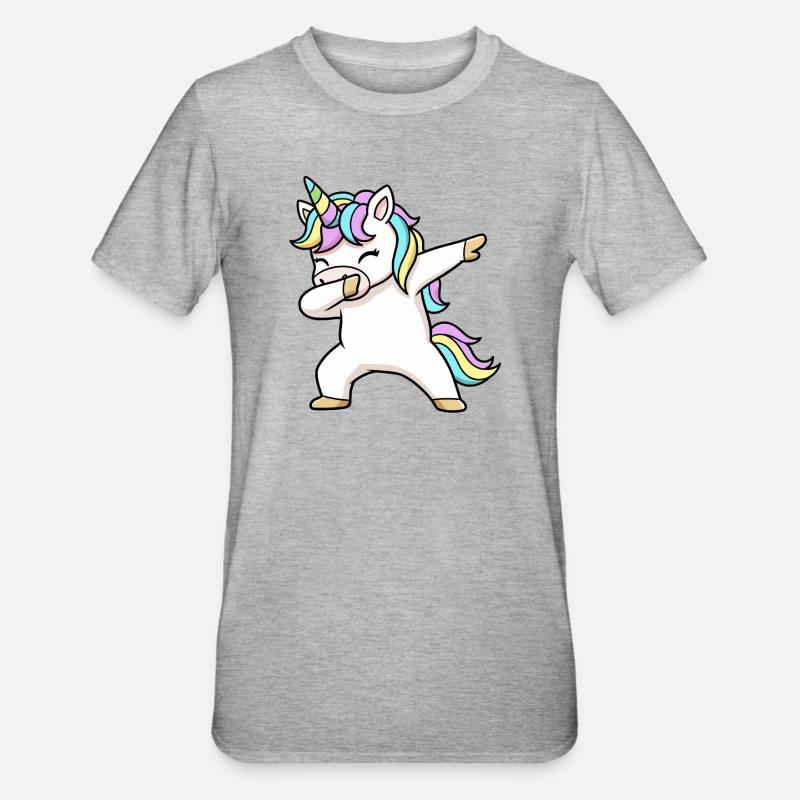Buntes Einhorn in Dab Position  - Unisex Polycotton T-Shirt - Grau meliert
