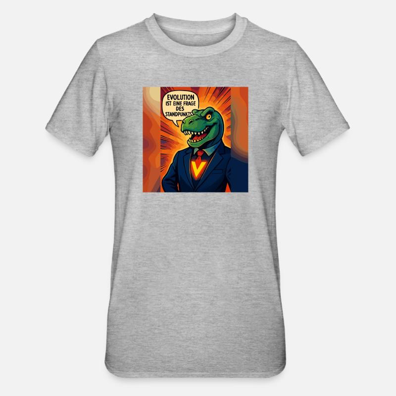 Dino im Anzug – Evolution ist Ansichtssache - Unisex Polycotton T-Shirt - Grau meliert