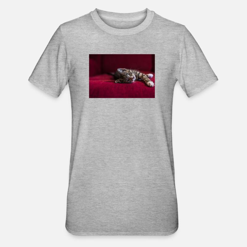 Mignon bébé chat tigré, mentir, photographie - T-shirt polycoton Unisexe - gris chiné