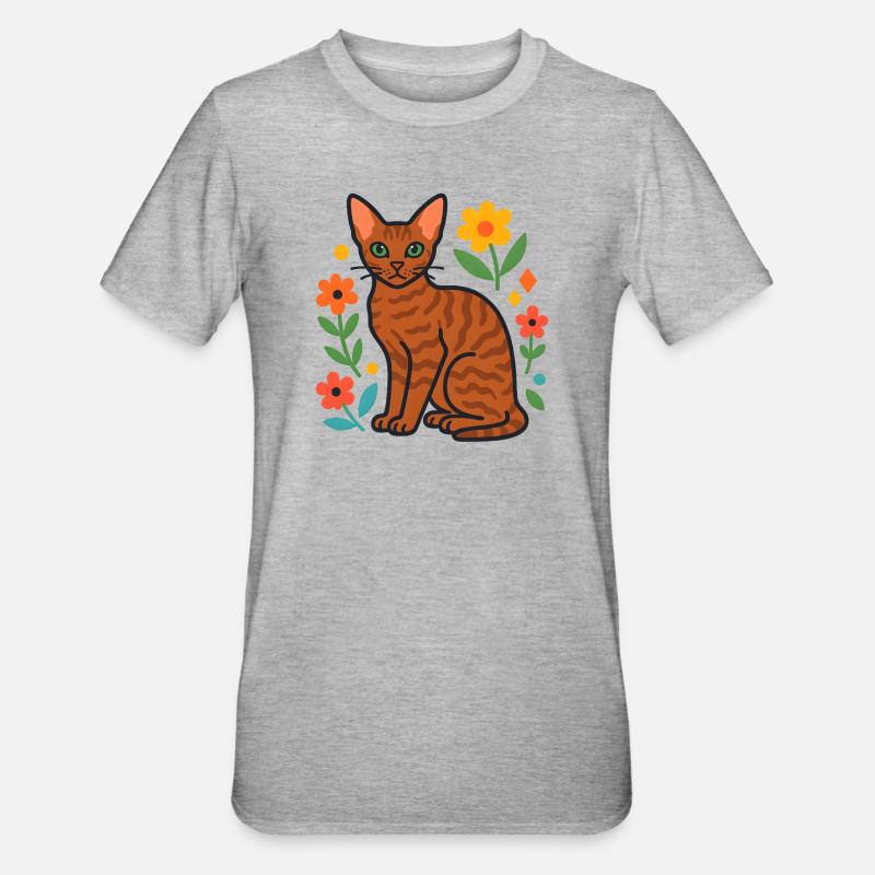 Devon Rex' Katze in der Blumenparade - Unisex Polycotton T-Shirt - Grau meliert