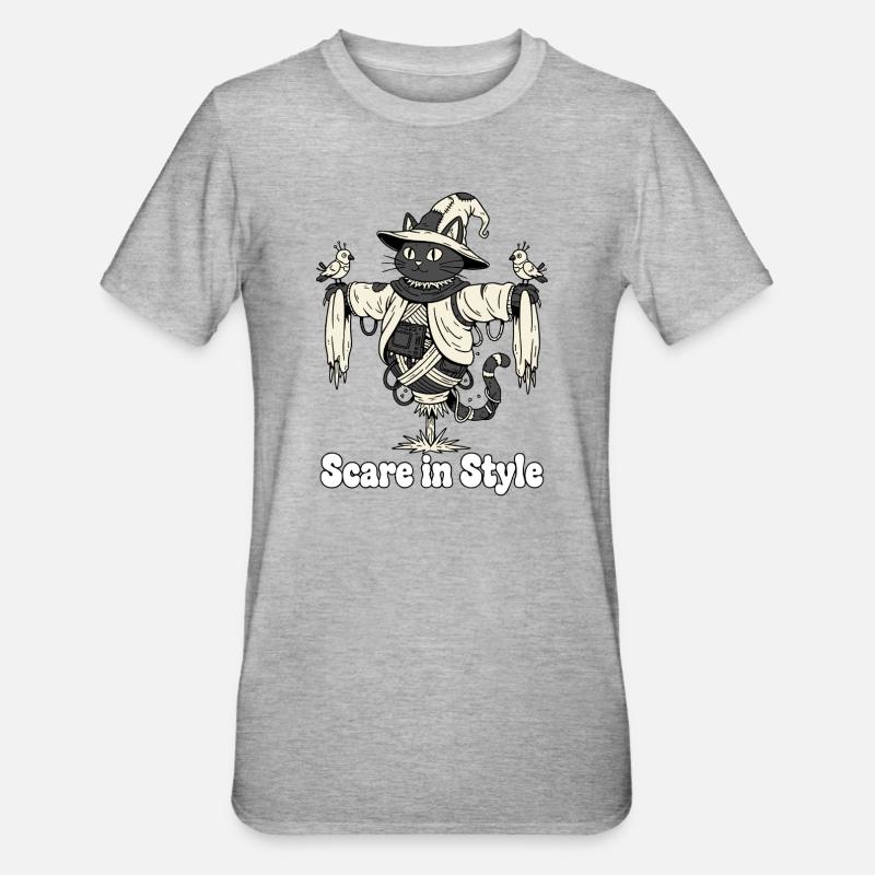 Effrayance dans le style : Chat d’Halloween - T-shirt polycoton Unisexe - gris chiné