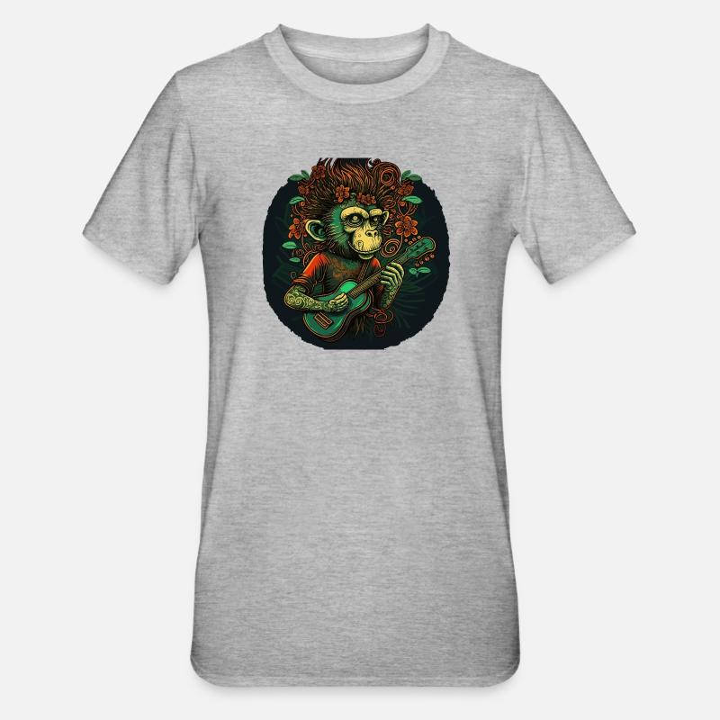 Singe avec guitare dans la jungle - T-shirt polycoton Unisexe - gris chiné