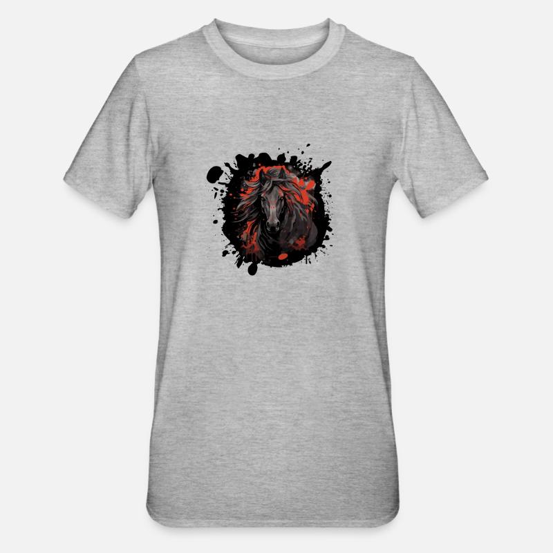 Schwarzes Pferd mit rotem Splatter - Unisex Polycotton T-Shirt - Grau meliert