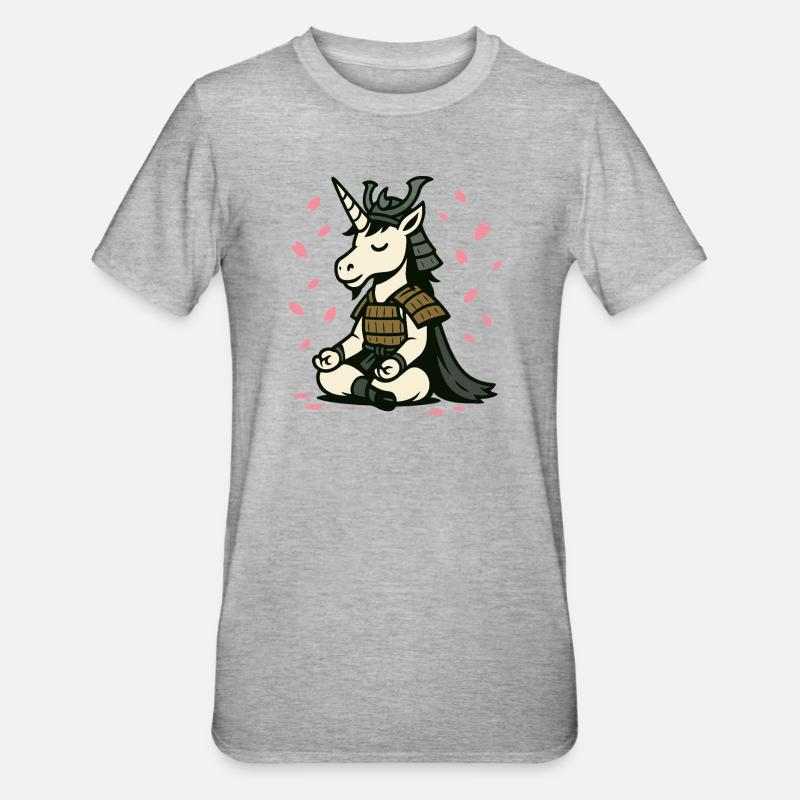 Meditierendes Samurai-Einhorn mit Kirschblüten - Unisex Polycotton T-Shirt - Grau meliert