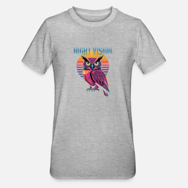 Night Vision Eule Retro Synthwave Sunset - Unisex Polycotton T-Shirt - Grau meliert