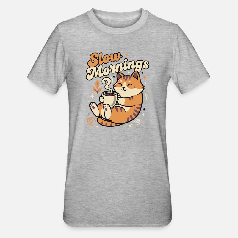 Langsame Morgenkatze mit Kaffee - Unisex Polycotton T-Shirt - Grau meliert