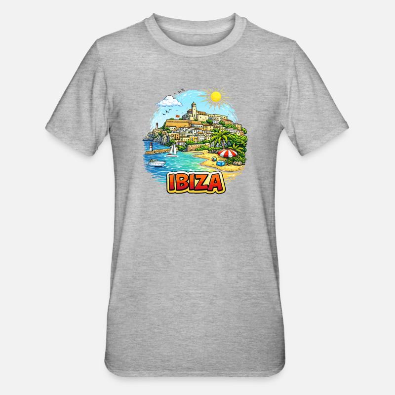 Illustration du Paradis côtier d’Ibiza - T-shirt polycoton Unisexe - gris chiné