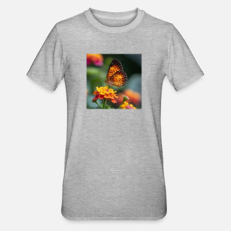 Papillon doré sur fleur éclatante - T-shirt polycoton Unisexe - gris chiné
