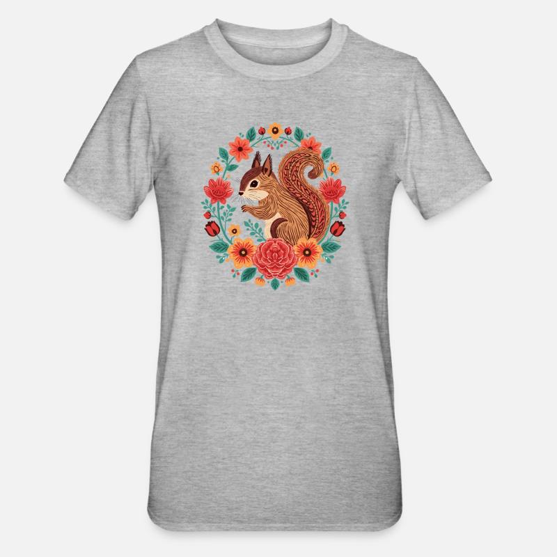 Écureuil dans le cercle de fleurs - T-shirt polycoton Unisexe - gris chiné