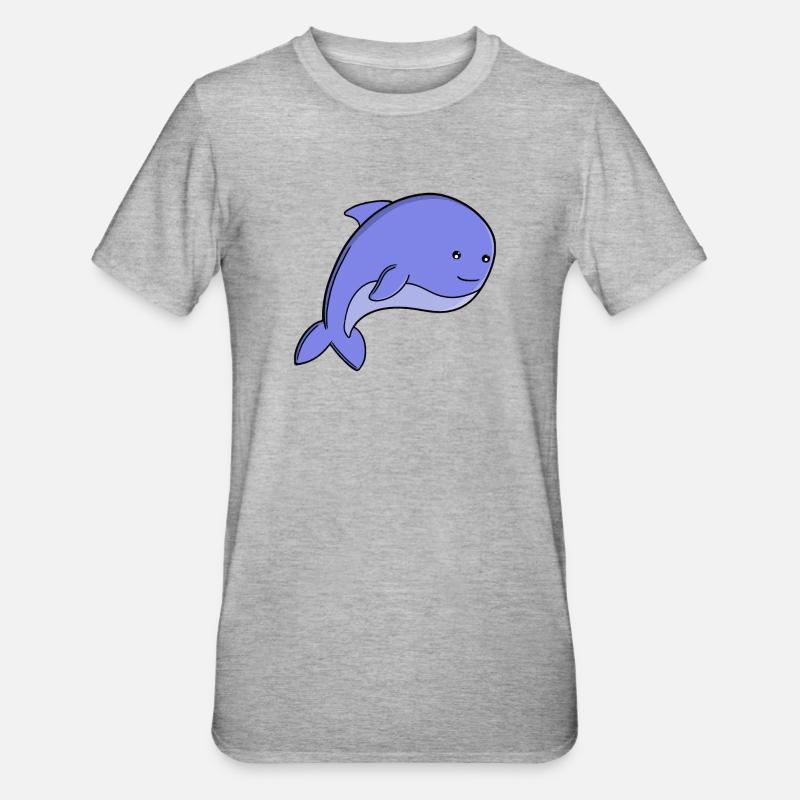 Süßer blauer Fisch-Kawaii-Delfin- oder Schweinswal-Cartoon - Unisex Polycotton T-Shirt - Grau meliert