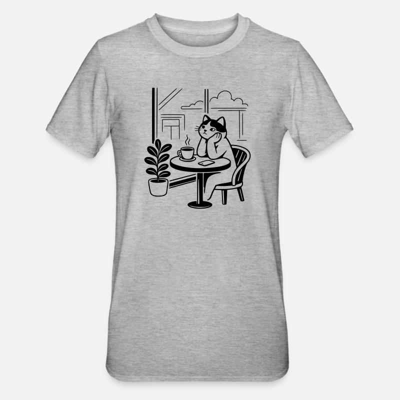 Nachdenkliche Katze Café - Unisex Polycotton T-Shirt - Grau meliert