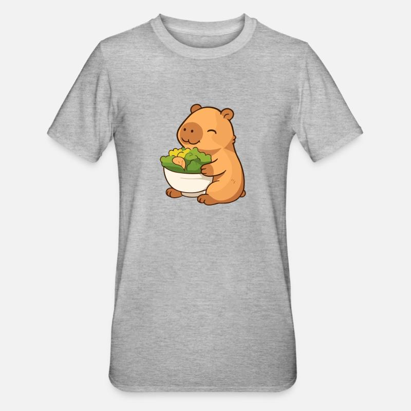 Capybara avec salade – détendue et mignonne - T-shirt polycoton Unisexe - gris chiné