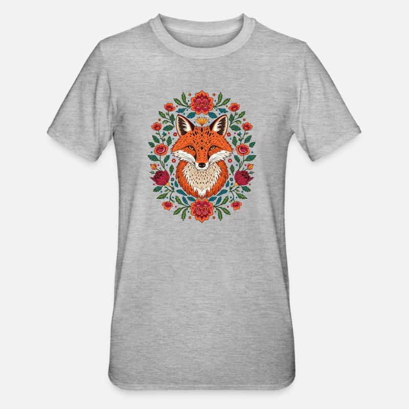 Fuchs im Blütenkranz Farbexplosion - Unisex Polycotton T-Shirt - Grau meliert