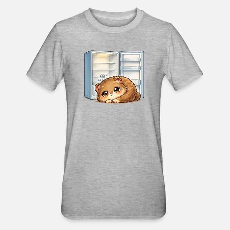 Petit chat devant un réfrigérateur ouvert - T-shirt polycoton Unisexe - gris chiné
