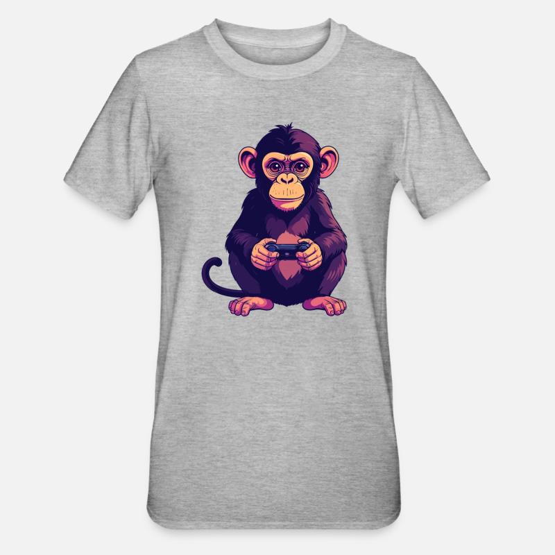 Monkey on controller playing console gaming - Unisex Polycotton T-Shirt - heather grey