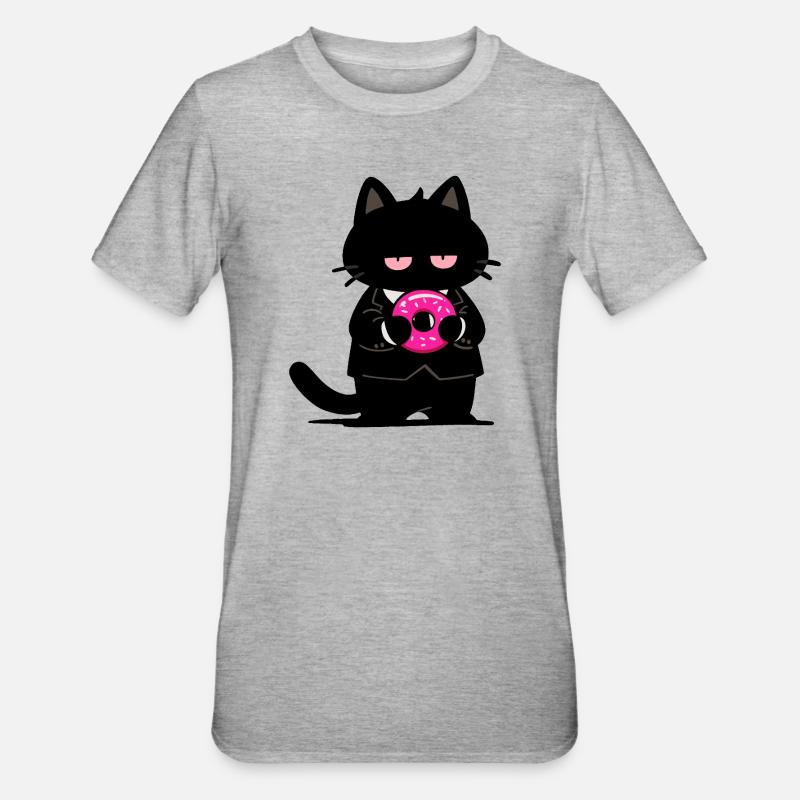 Chat noir avec un donut rose - T-shirt polycoton Unisexe - gris chiné