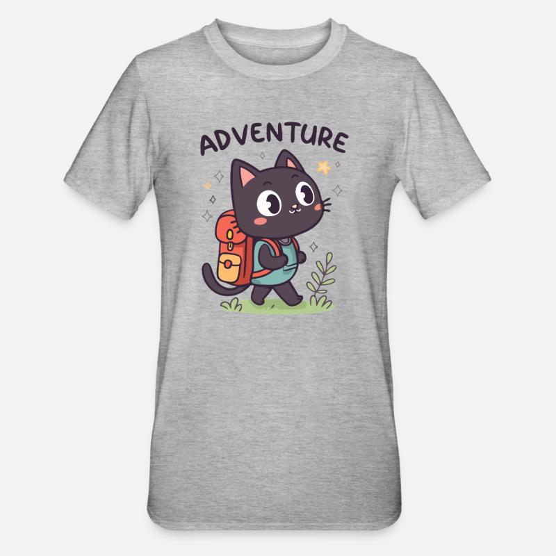 Adventurous Black Cat with Backpack - Unisex Polycotton T-Shirt - heather grey