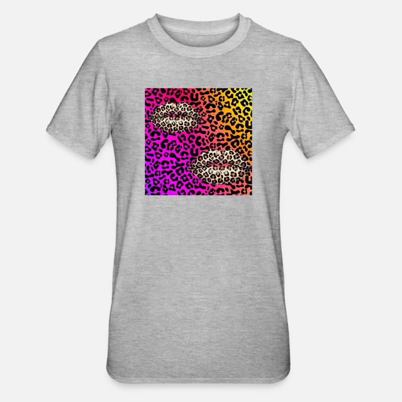 Leopard Lips on Neon Gradient - Unisex Polycotton T-Shirt - heather grey
