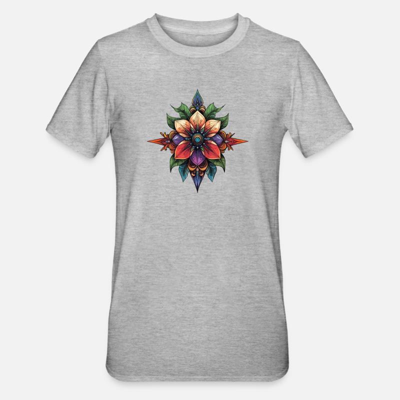 Mandala de l’Étoile de Fleurs - T-shirt polycoton Unisexe - gris chiné