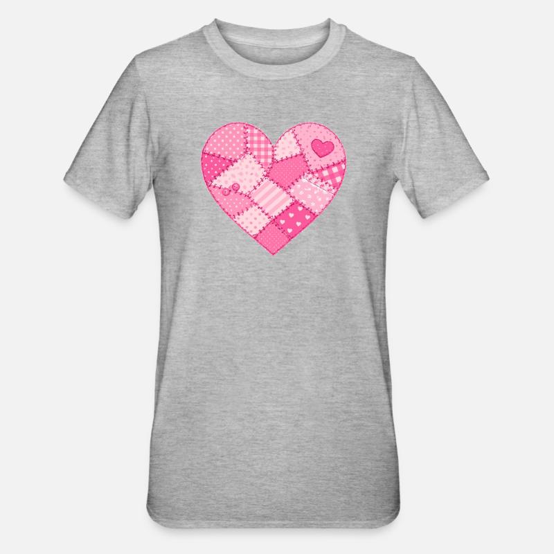 Patchwork-Herz in Rosa Quilt - Unisex Polycotton T-Shirt - Grau meliert