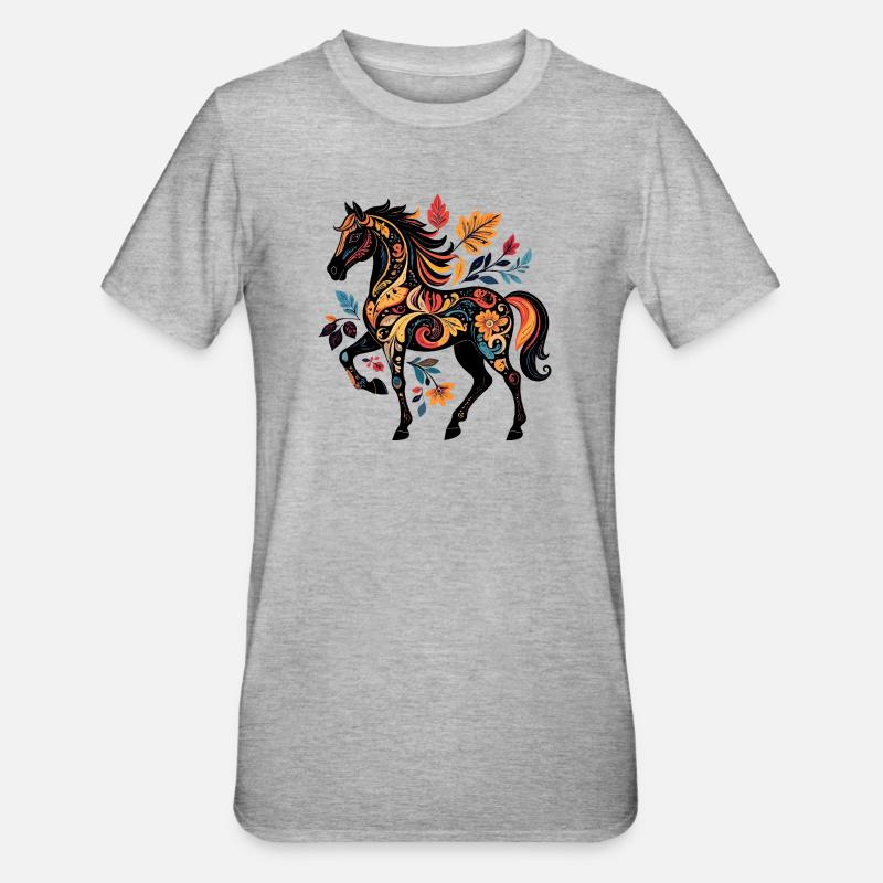 Ornamentpferd mit Blättermustern - Unisex Polycotton T-Shirt - Grau meliert