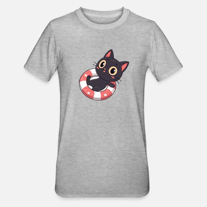 Chat noir sur bouée fleurs - T-shirt polycoton Unisexe - gris chiné