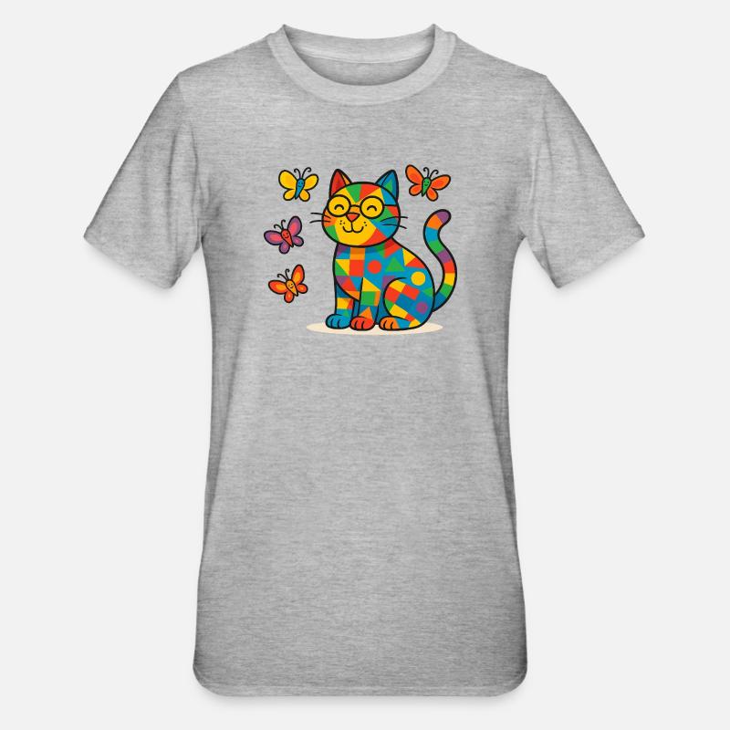 Chat patchwork et papillons - T-shirt polycoton Unisexe - gris chiné