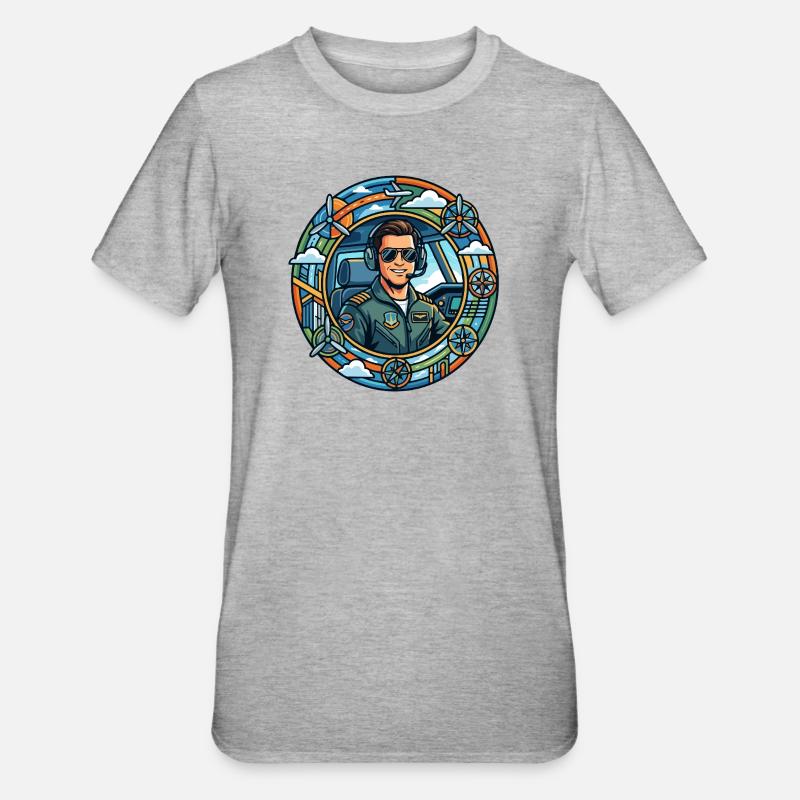Comic-Pilot im Cockpit Rundflug - Unisex Polycotton T-Shirt - Grau meliert
