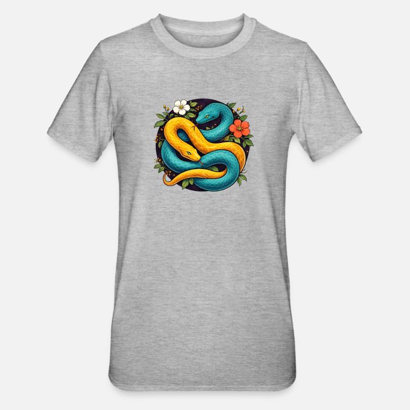 Deux serpents python dans l’anneau fleuri - T-shirt polycoton Unisexe - gris chiné