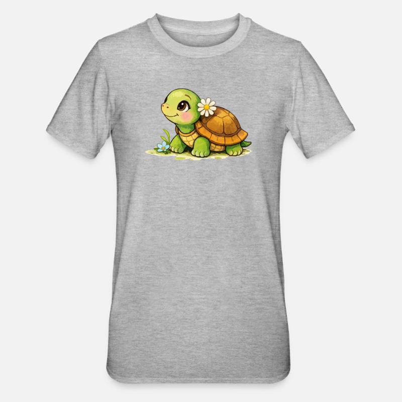 Dessin animé Tortue avec Fleur - T-shirt polycoton Unisexe - gris chiné