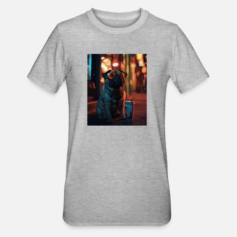 Mops mit Sonnenbrille und Eiskaffee - Unisex Polycotton T-Shirt - Grau meliert