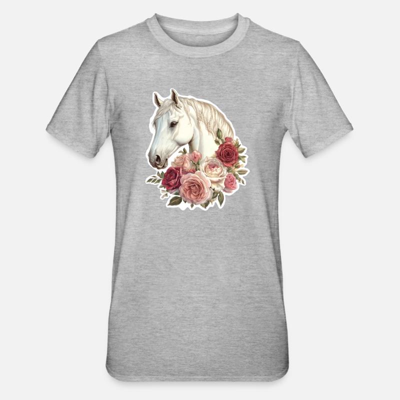 Cheval avec des fleurs - T-shirt polycoton Unisexe - gris chiné