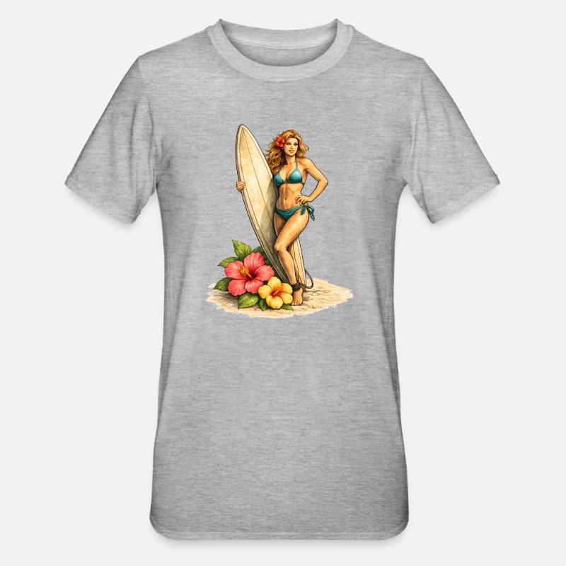 Surfeur avec planche et fleurs d’hibiscus - T-shirt polycoton Unisexe - gris chiné