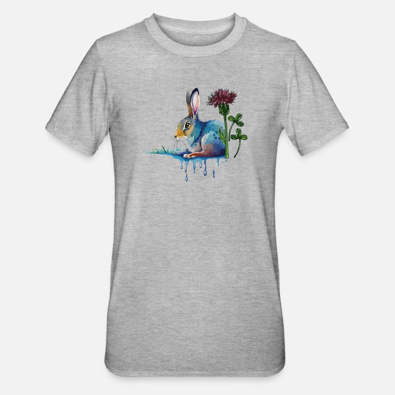 bunter Hase mit Klee - Unisex Polycotton T-Shirt - Grau meliert