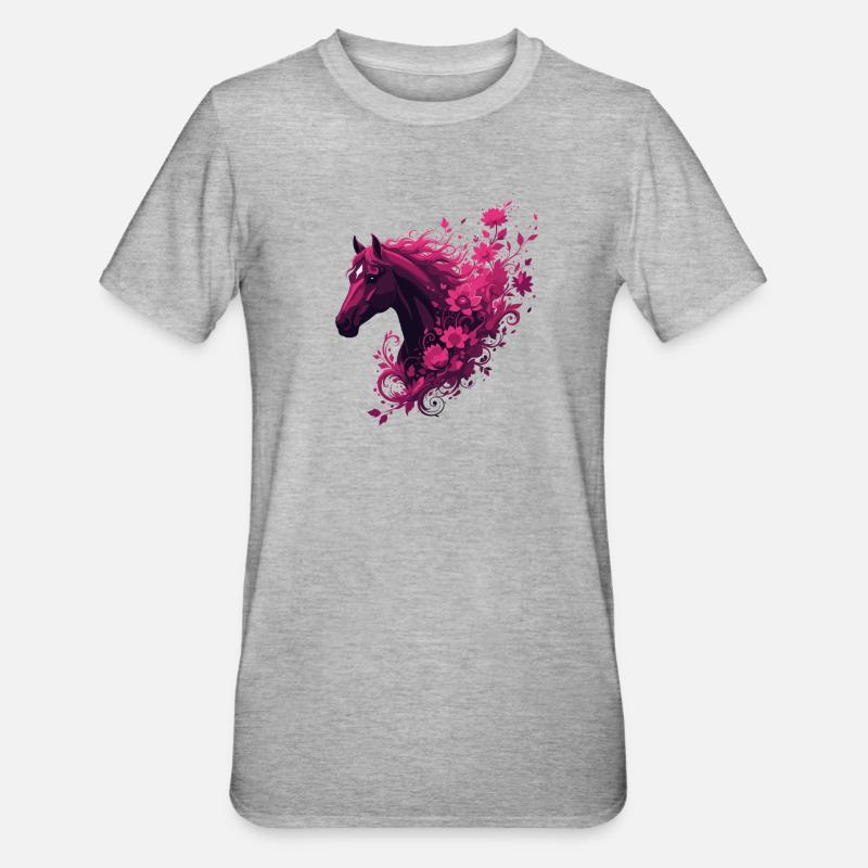 Cheval magenta avec tourbillon de fleurs - T-shirt polycoton Unisexe - gris chiné