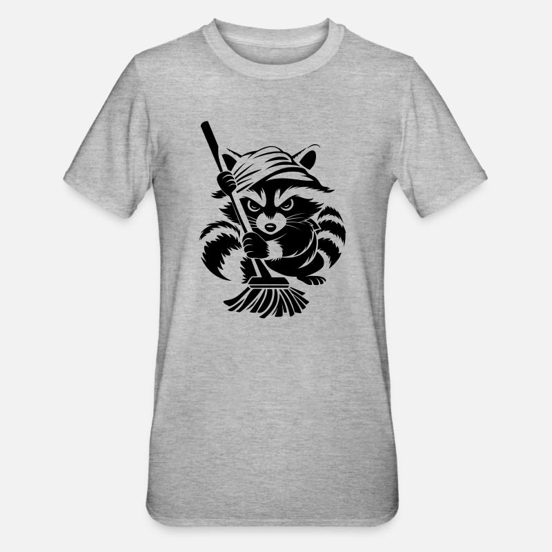 Waschbär mit Handtuch & Wischmopp - Unisex Polycotton T-Shirt - Grau meliert