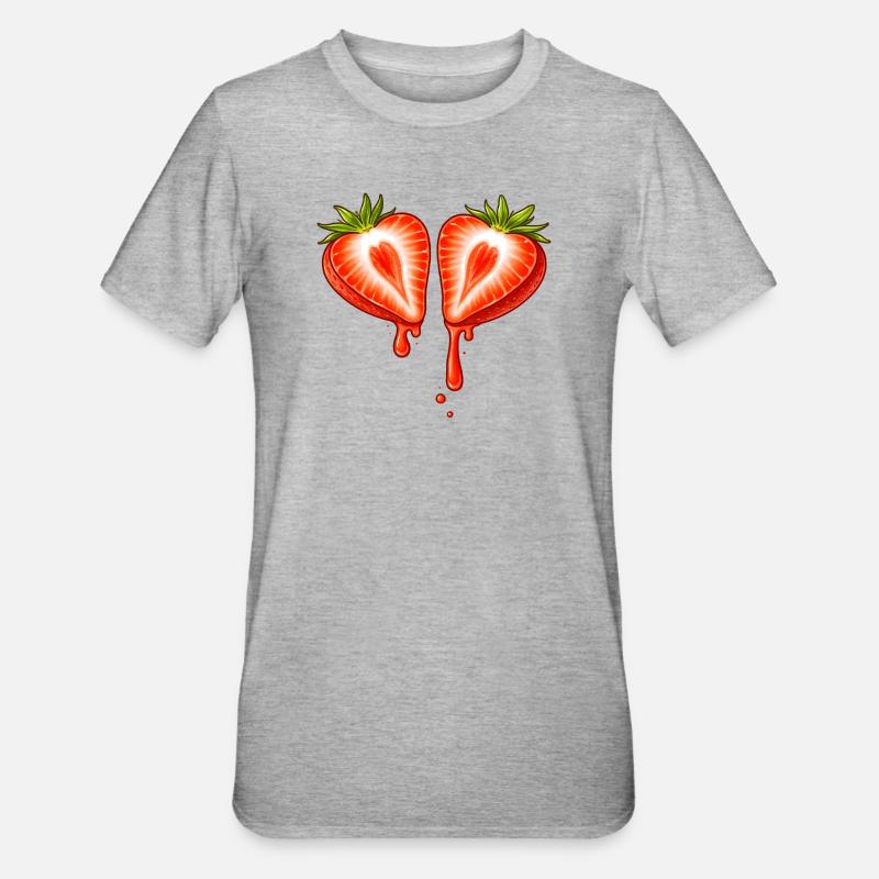 Geteilte Erdbeere mit Herzform  - Unisex Polycotton T-Shirt - Grau meliert