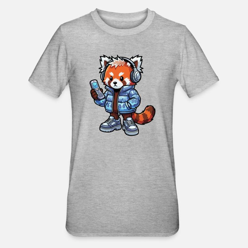 Roter Panda mit Kopfhörern 90er - Unisex Polycotton T-Shirt - Grau meliert
