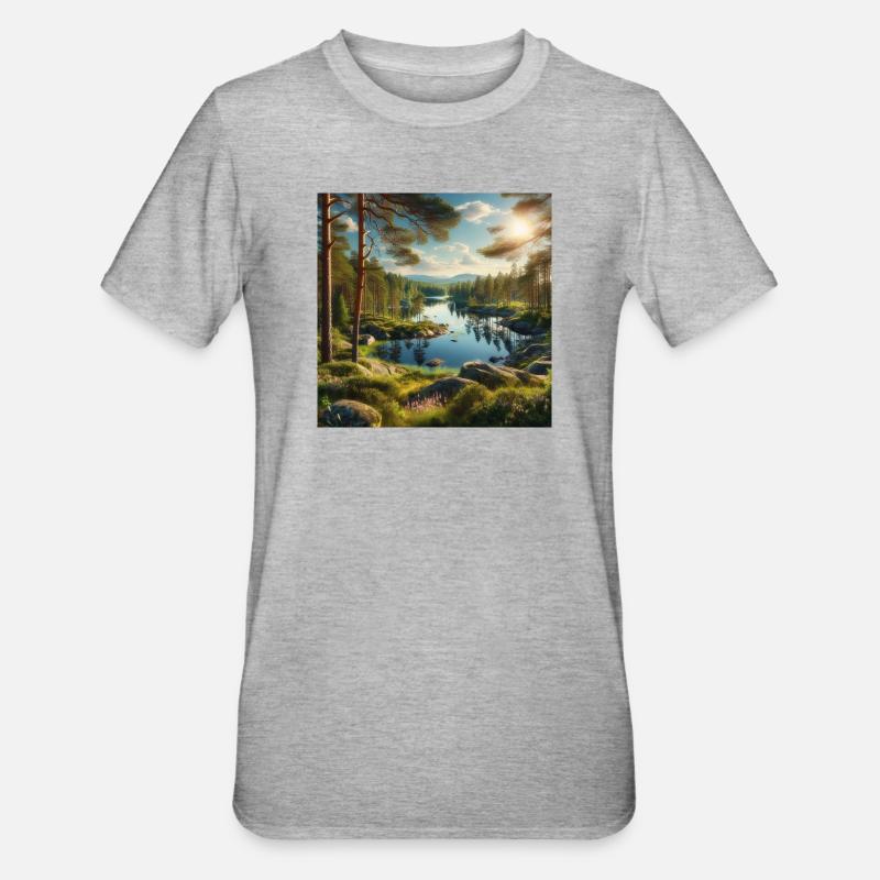 Lac forestier sous le soleil du soir - T-shirt polycoton Unisexe - gris chiné