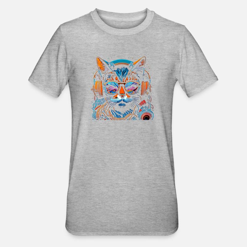 Neon DJ-Katze mit Kopfhörern - Unisex Polycotton T-Shirt - Grau meliert