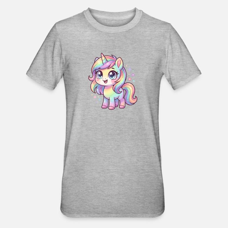 Pastellregen-Einhorn Chibi - Unisex Polycotton T-Shirt - Grau meliert